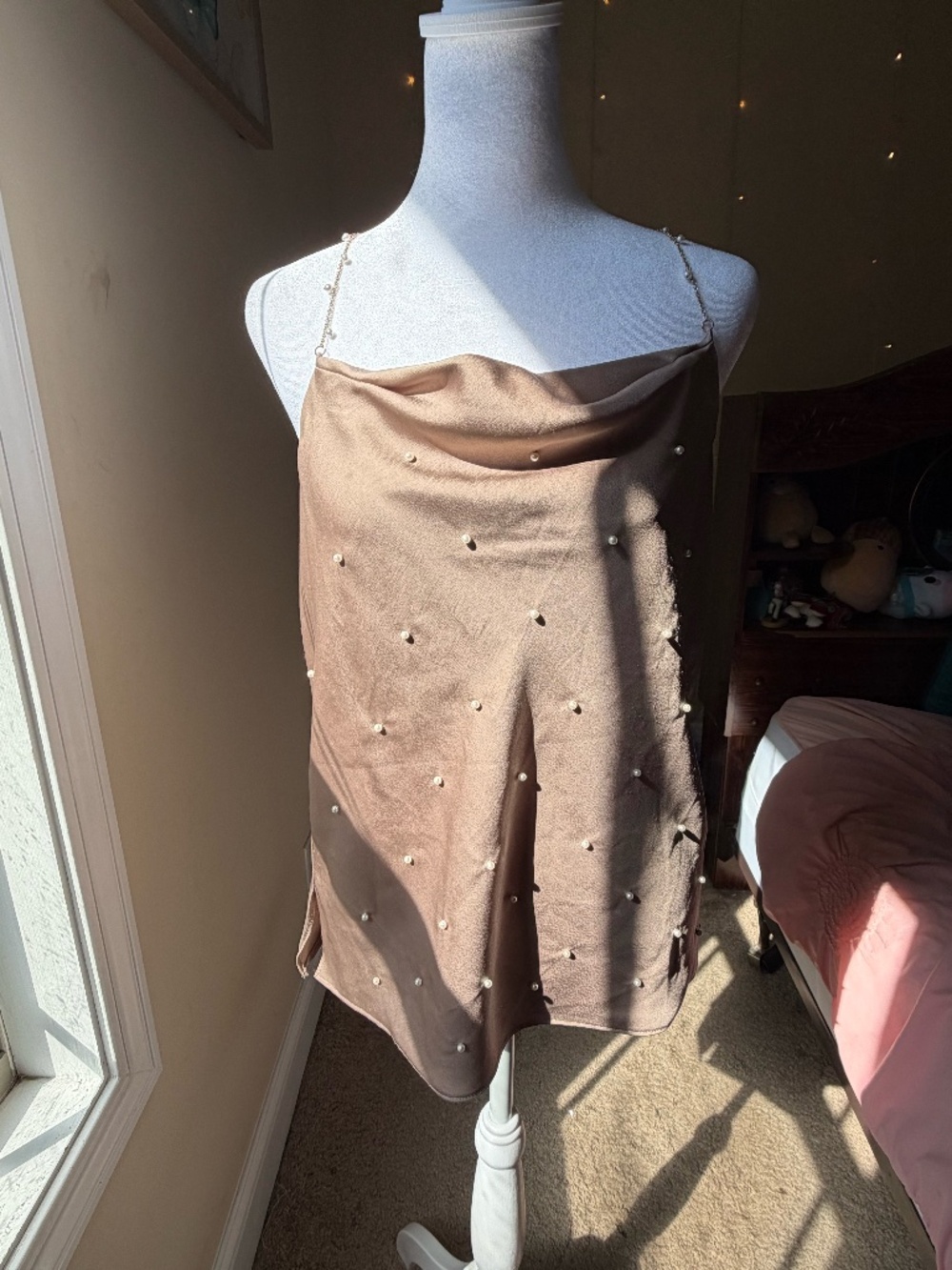 Stunning taupe/bronze satin cowl neck camisole from DO+BE
